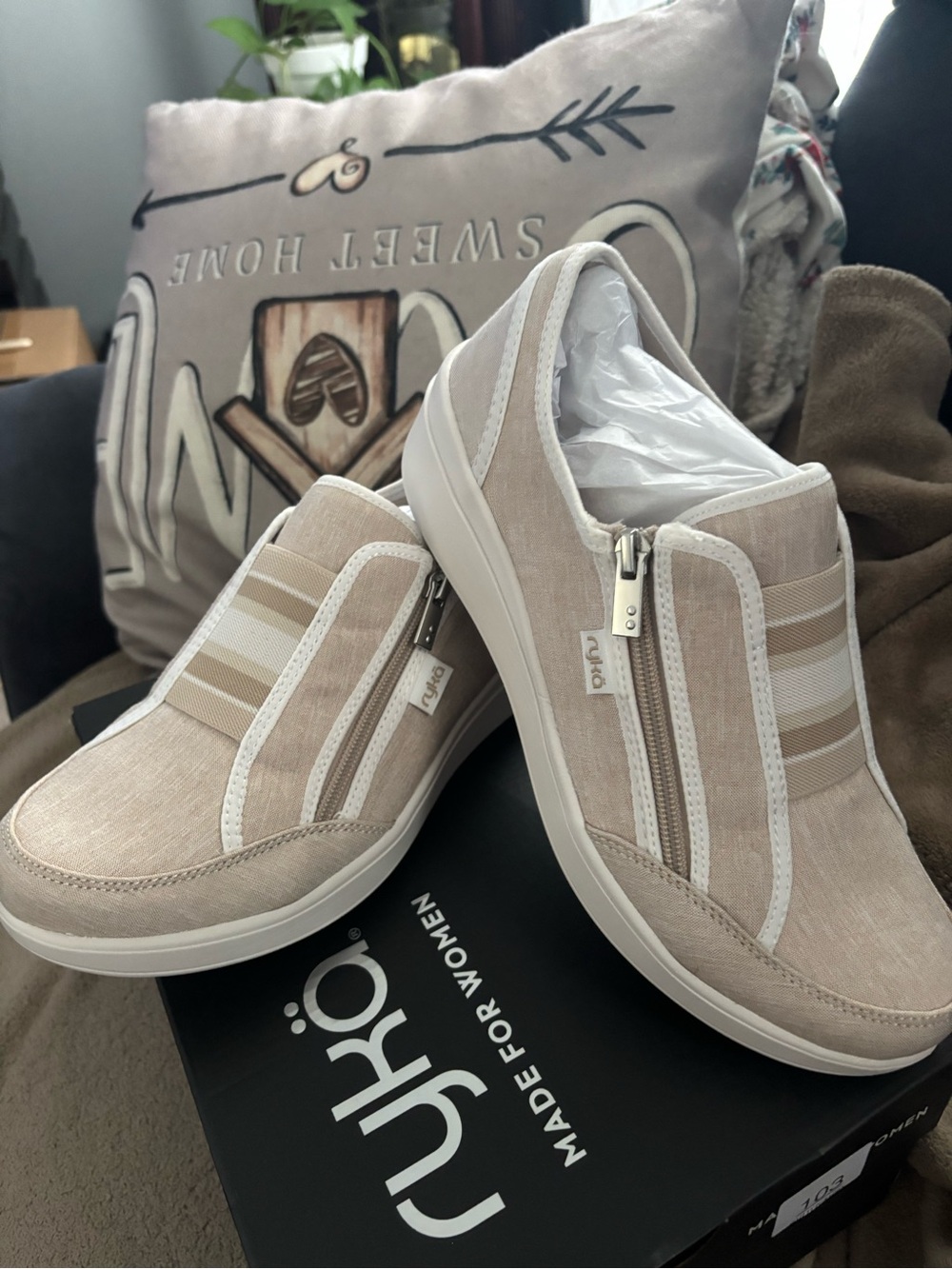 Ryka Women's Light Beige Canvas Slip-On Sneakers